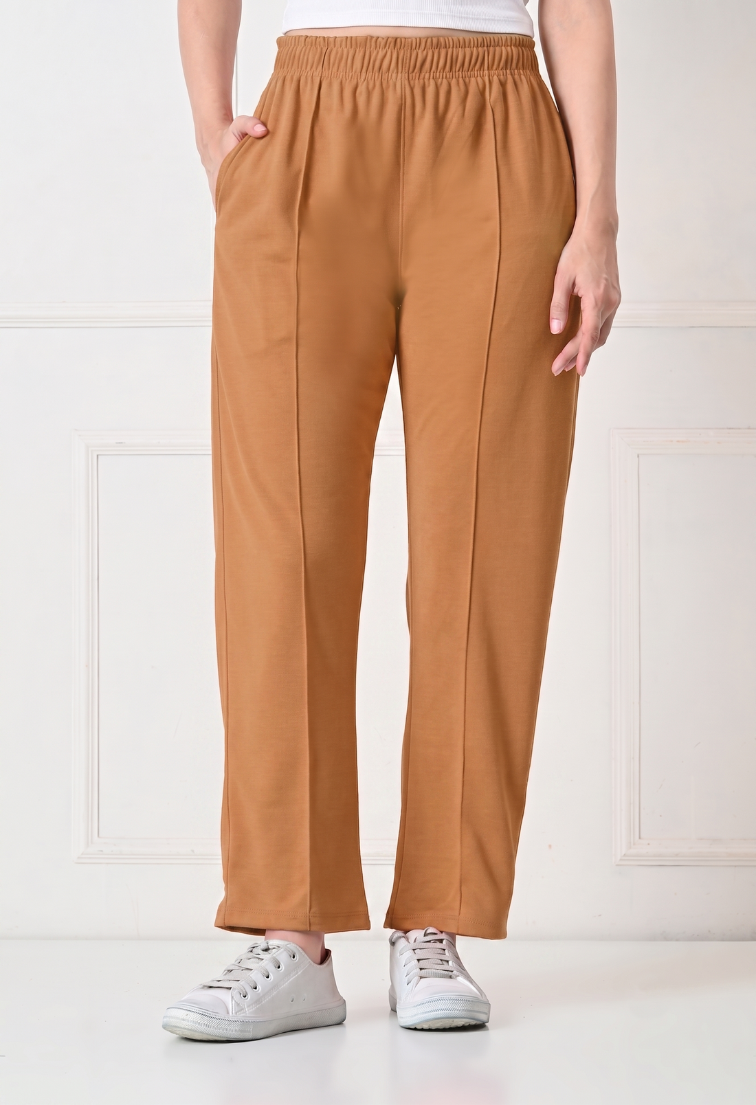 Women Solid High-Rise Straight Fit Track Pants with Front Seam Detail - Camel