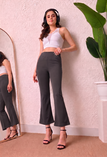 Women Black Solid High-Rise Ankle-Length Trousers - Charcoal