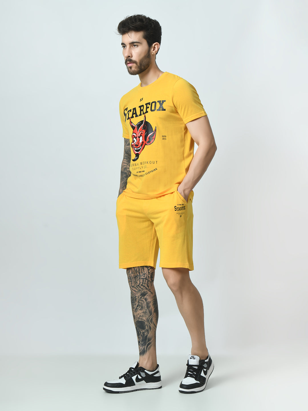 Mustard Yellow Printed T-shirt with Shirts Co-ord Set