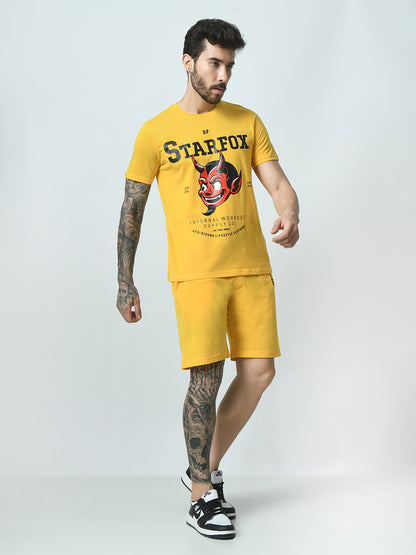 Mustard Yellow Printed T-shirt with Shirts Co-ord Set