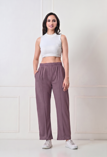 Women Solid High-Rise Straight Fit Track Pants with Front Seam Detail - Dusty Lavender