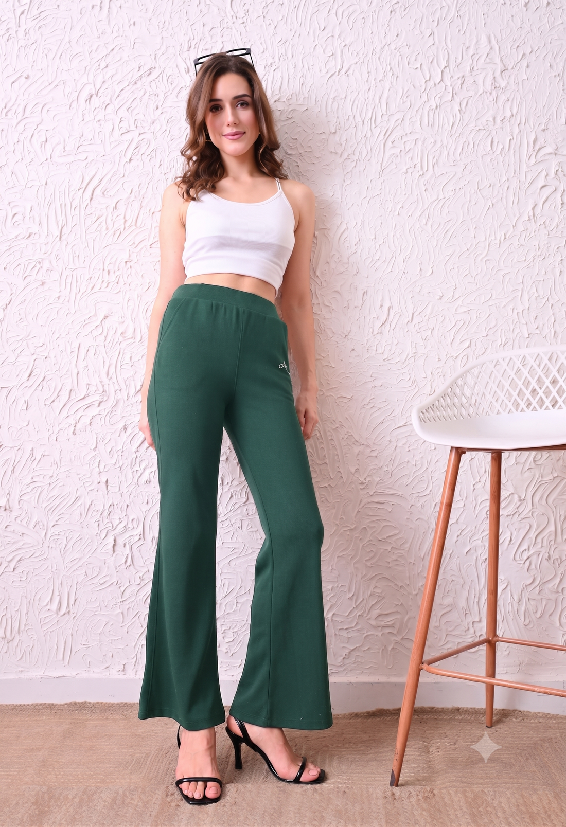 Women Solid High-Rise Fit and Flared Trousers - Green