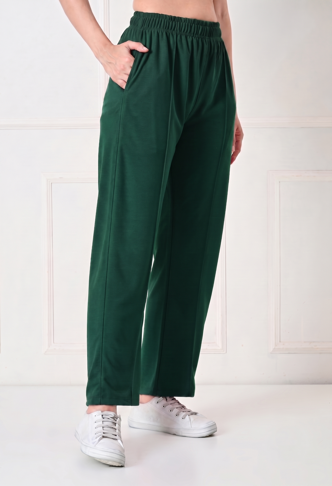 Women Solid High-Rise Straight Fit Track Pants with Front Seam Detail - Green