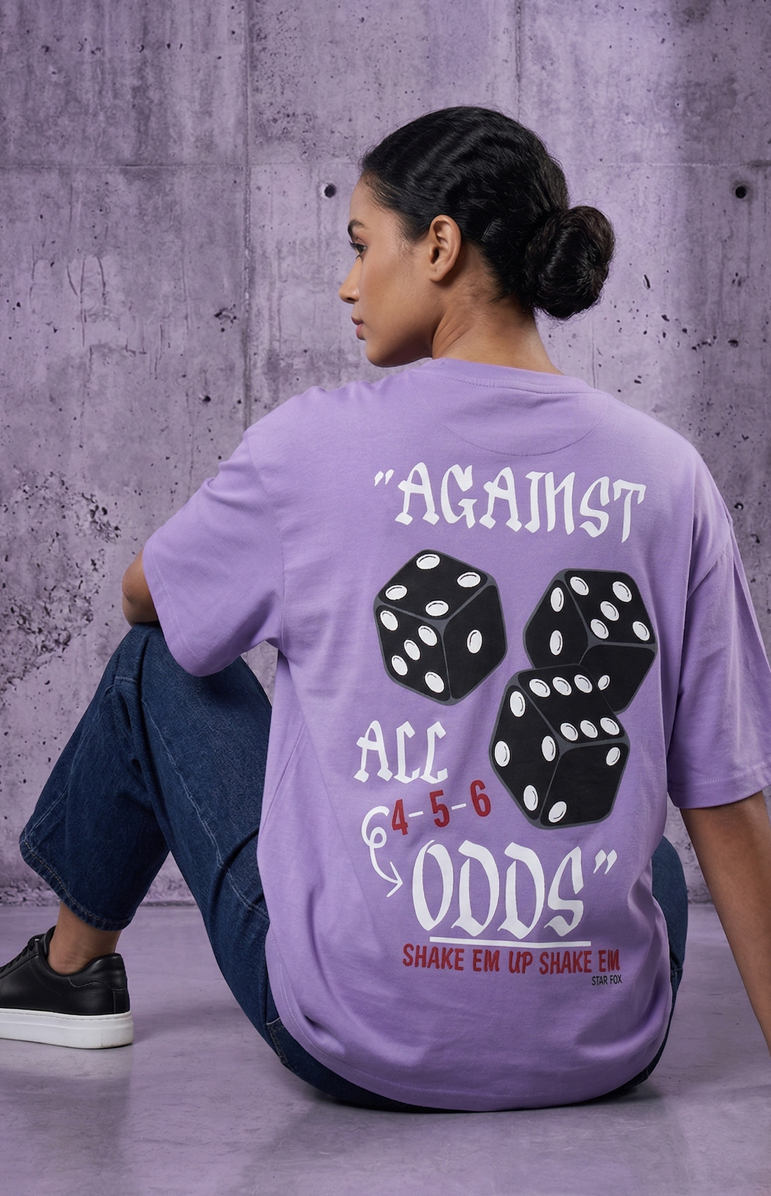 Women's Printed Oversized Drop Shoulder 100% Cotton T-Shirt with Puff Print - Lavender