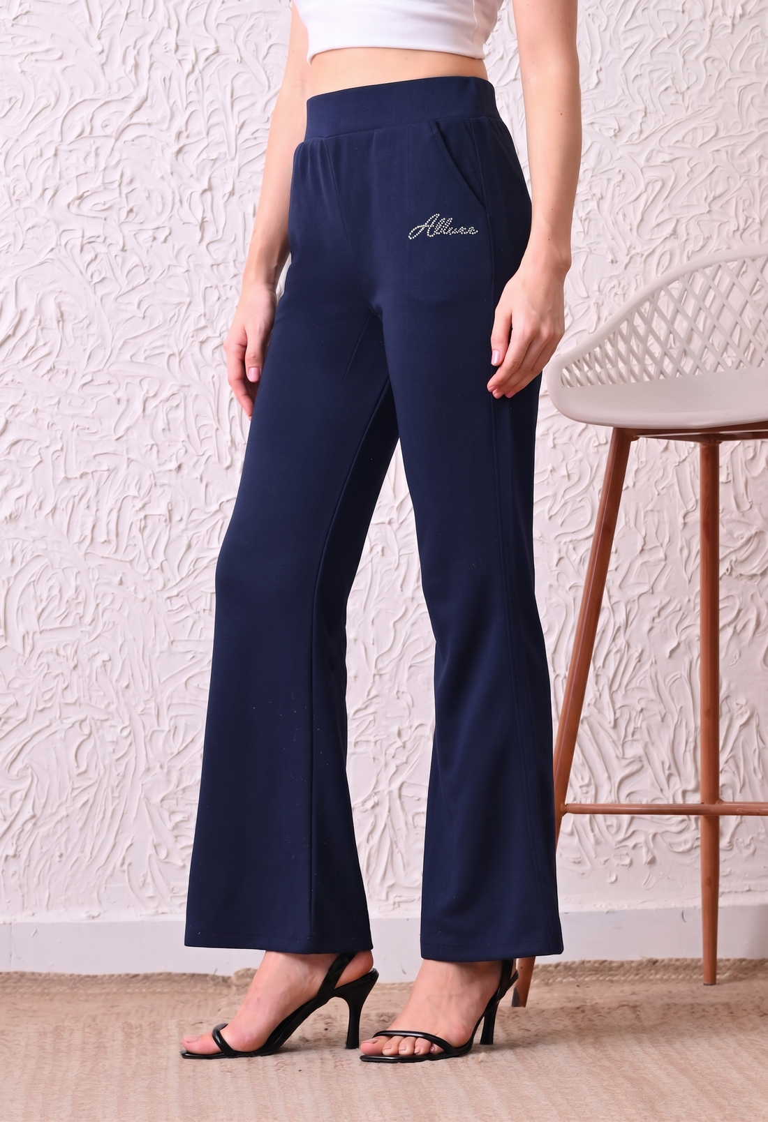 Women Solid High-Rise Fit and Flared Trousers - Navy