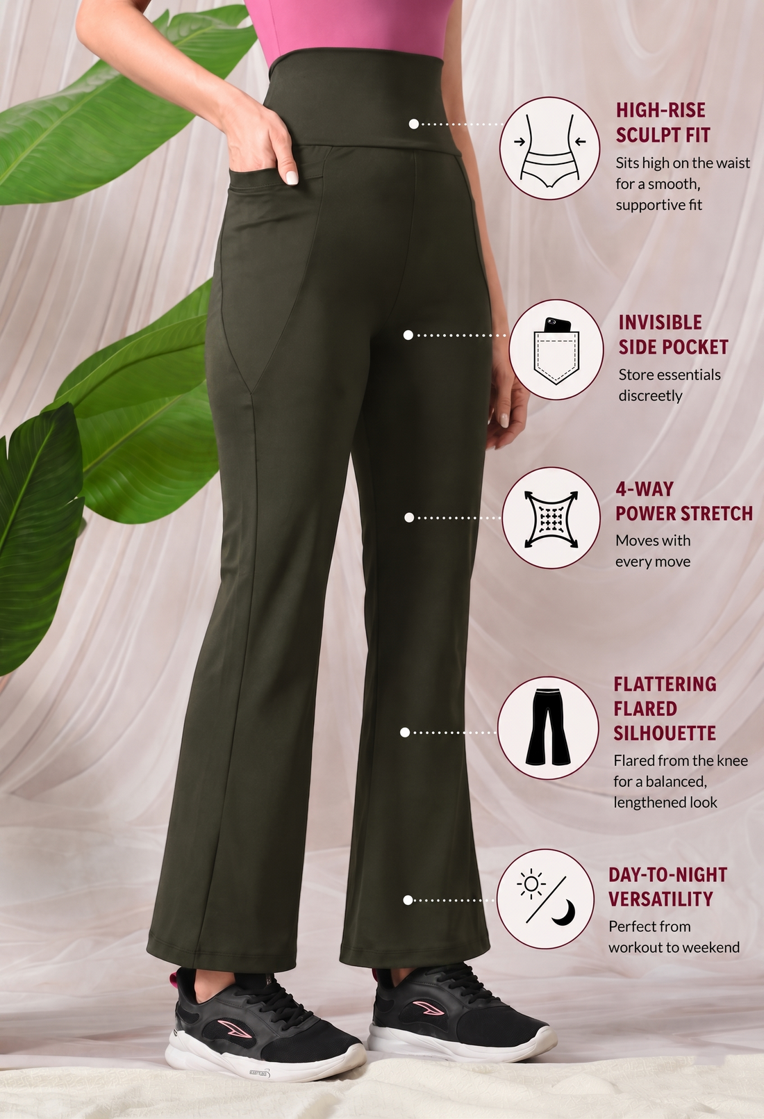 Womens Fit N Flared High Rise Trouser - Olive