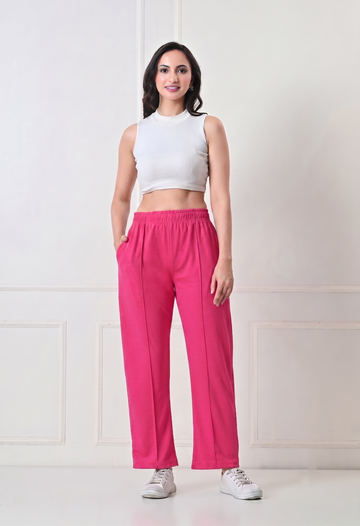 Women Solid High-Rise Straight Fit Track Pants with Front Seam Detail - Pink