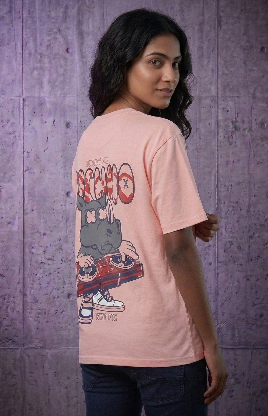 Women's Printed Oversized Drop Shoulder 100% Cotton T-Shirt with Puff Print - Pink