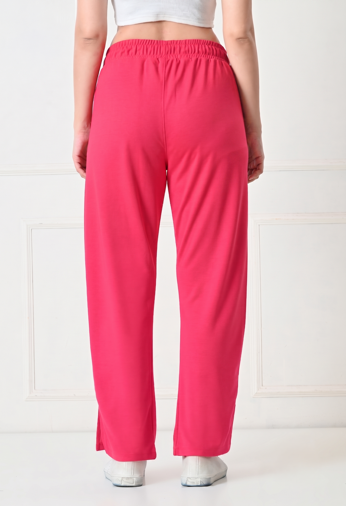 Women Solid High-Rise Straight Fit Track Pants with Slit Detail - Pink