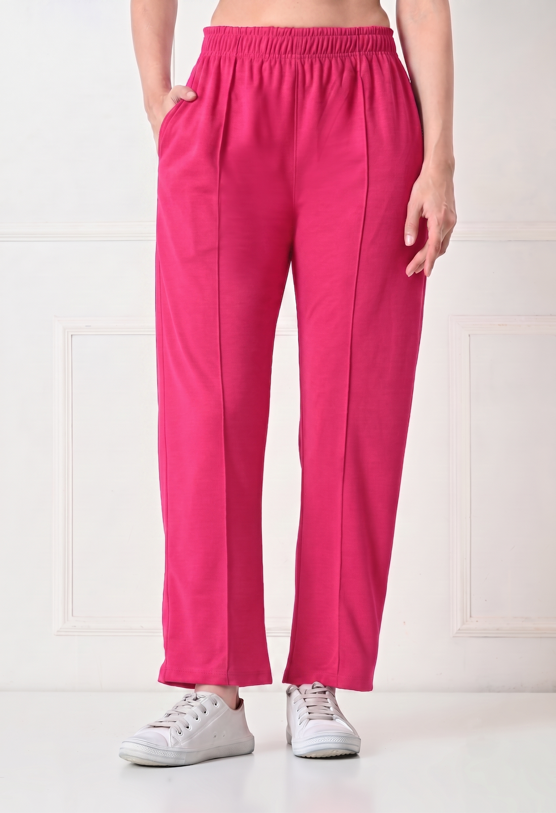 Women Solid High-Rise Straight Fit Track Pants with Front Seam Detail - Pink
