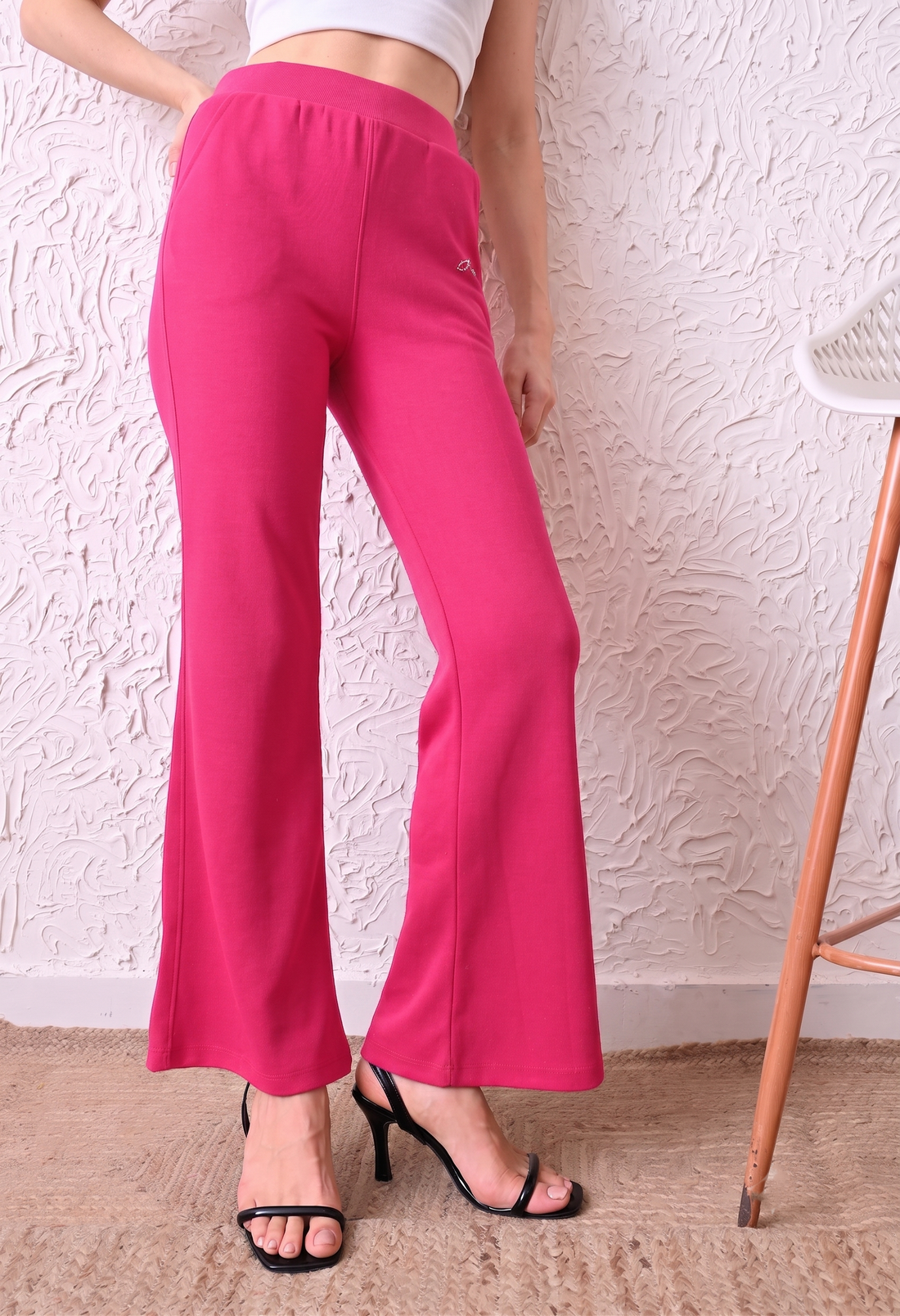 Women Solid High-Rise Fit and Flared Trousers - Pink