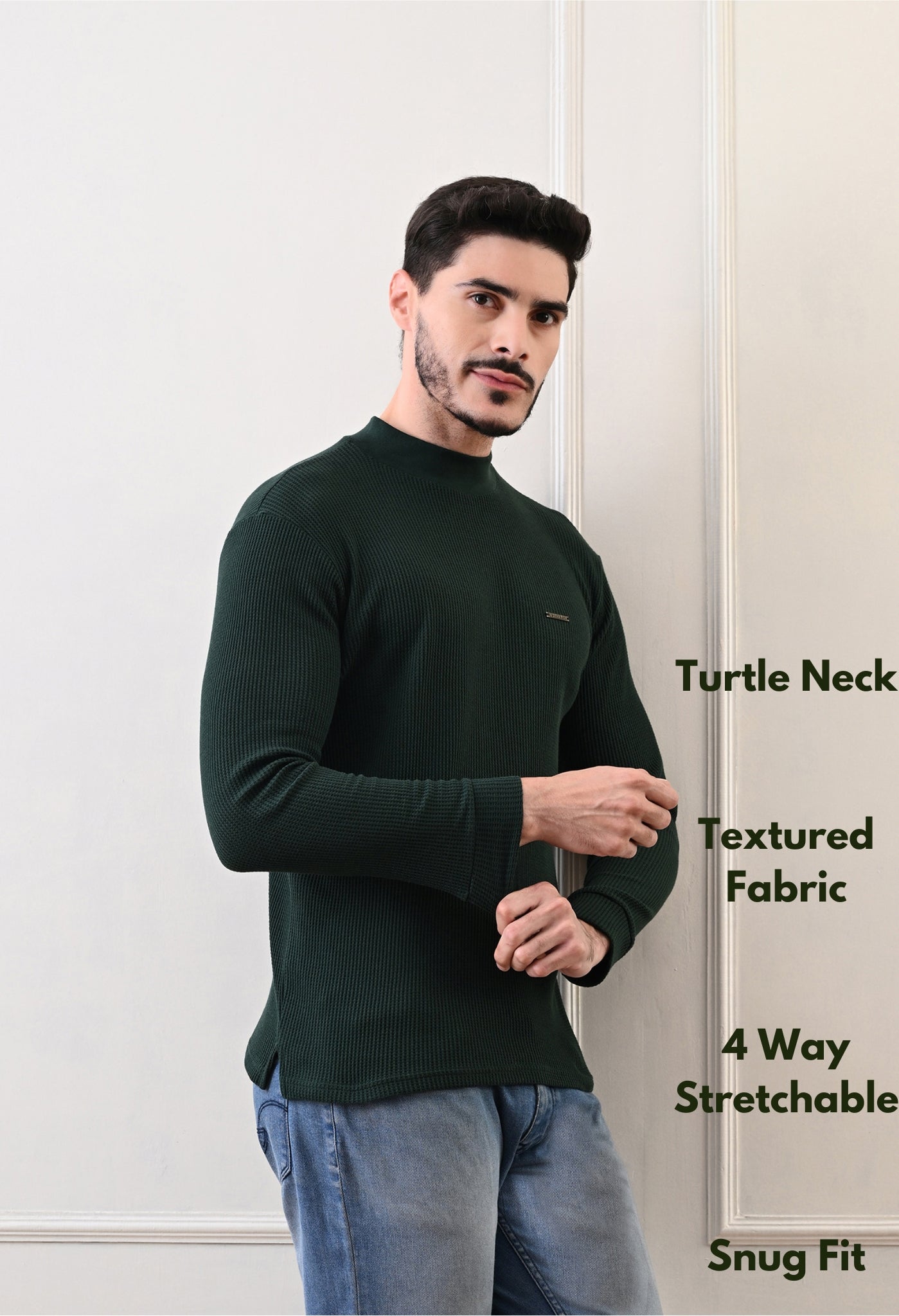 Men's Turtle Neck Textured Full Sleeve T-shirt