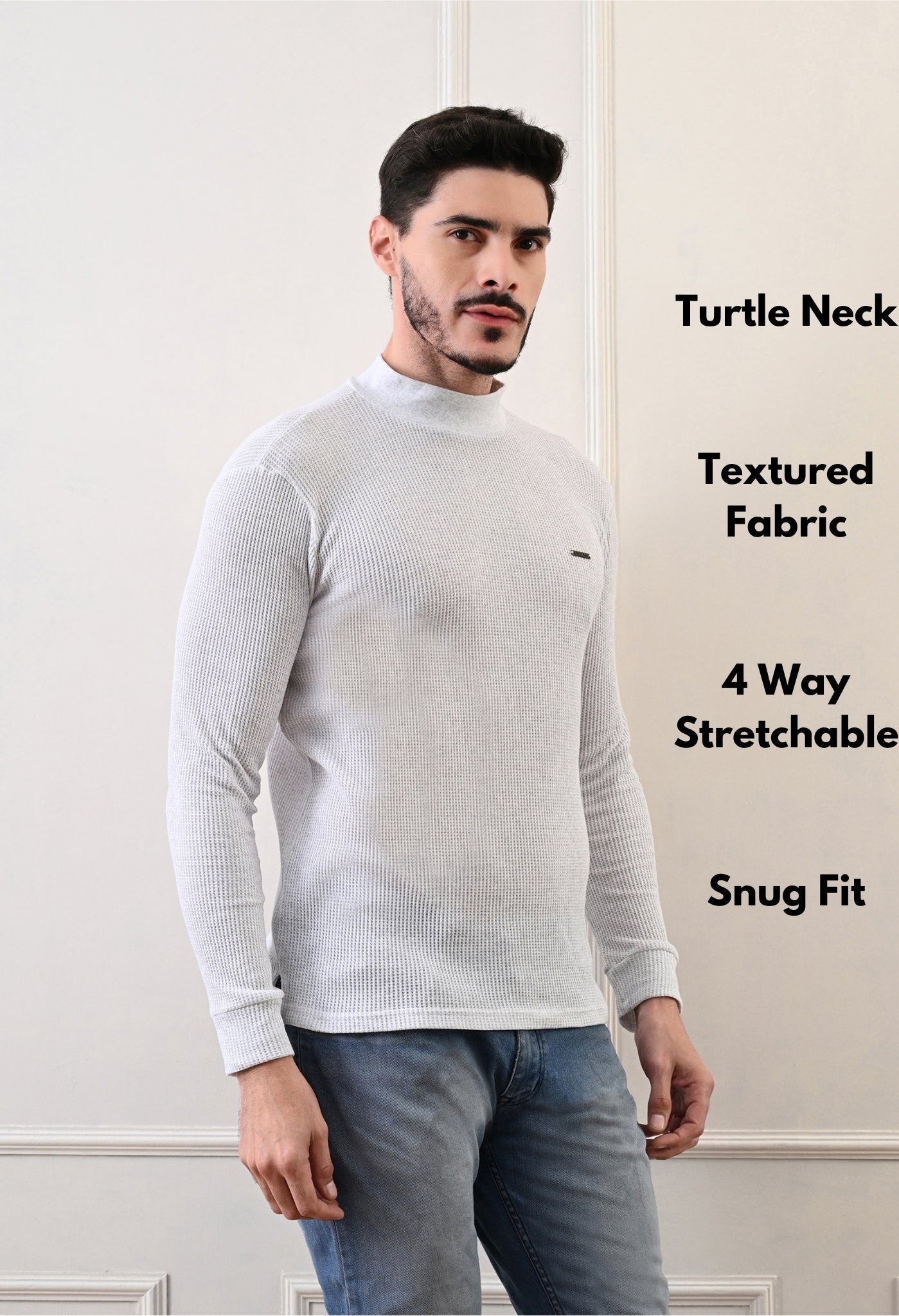 Men's Turtle Neck Textured Full Sleeve T-shirt