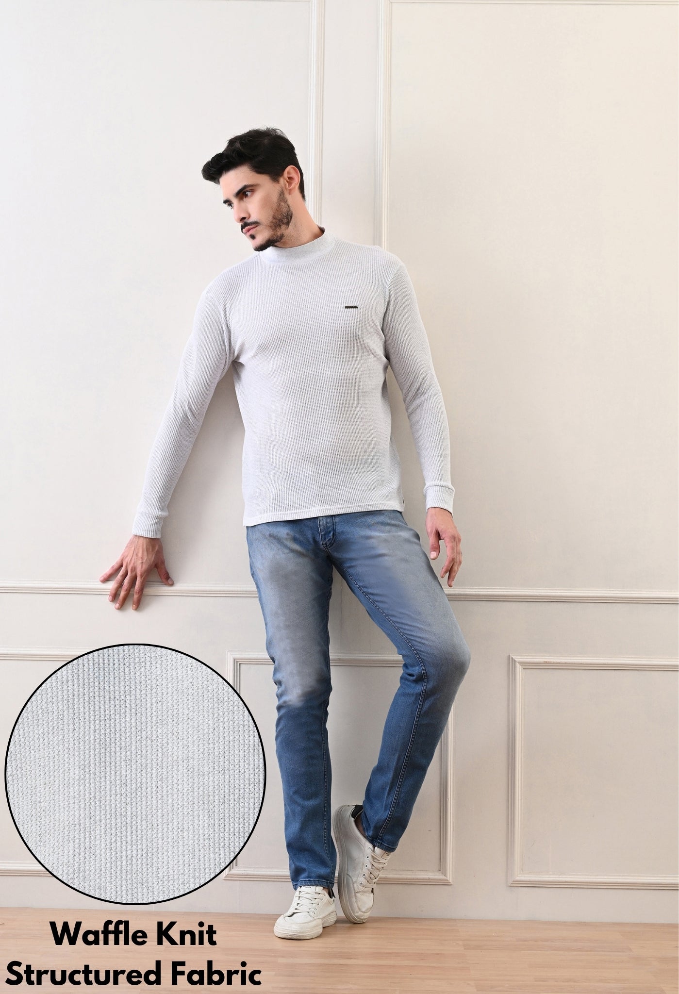 Men's Turtle Neck Textured Full Sleeve T-shirt