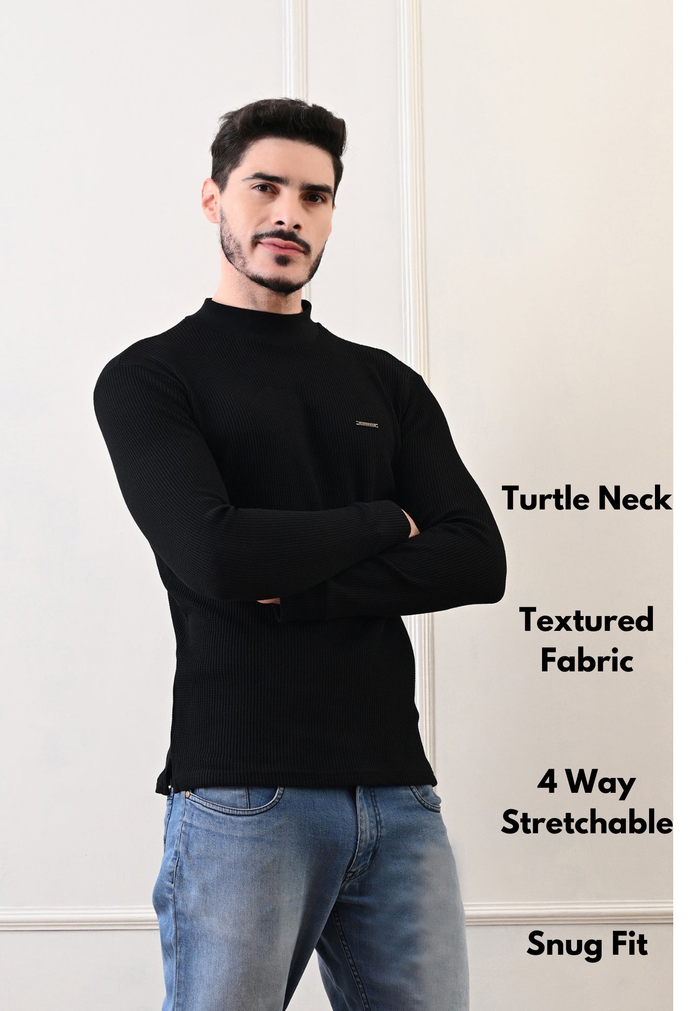 Men's Turtle Neck Textured Full Sleeve T-shirt