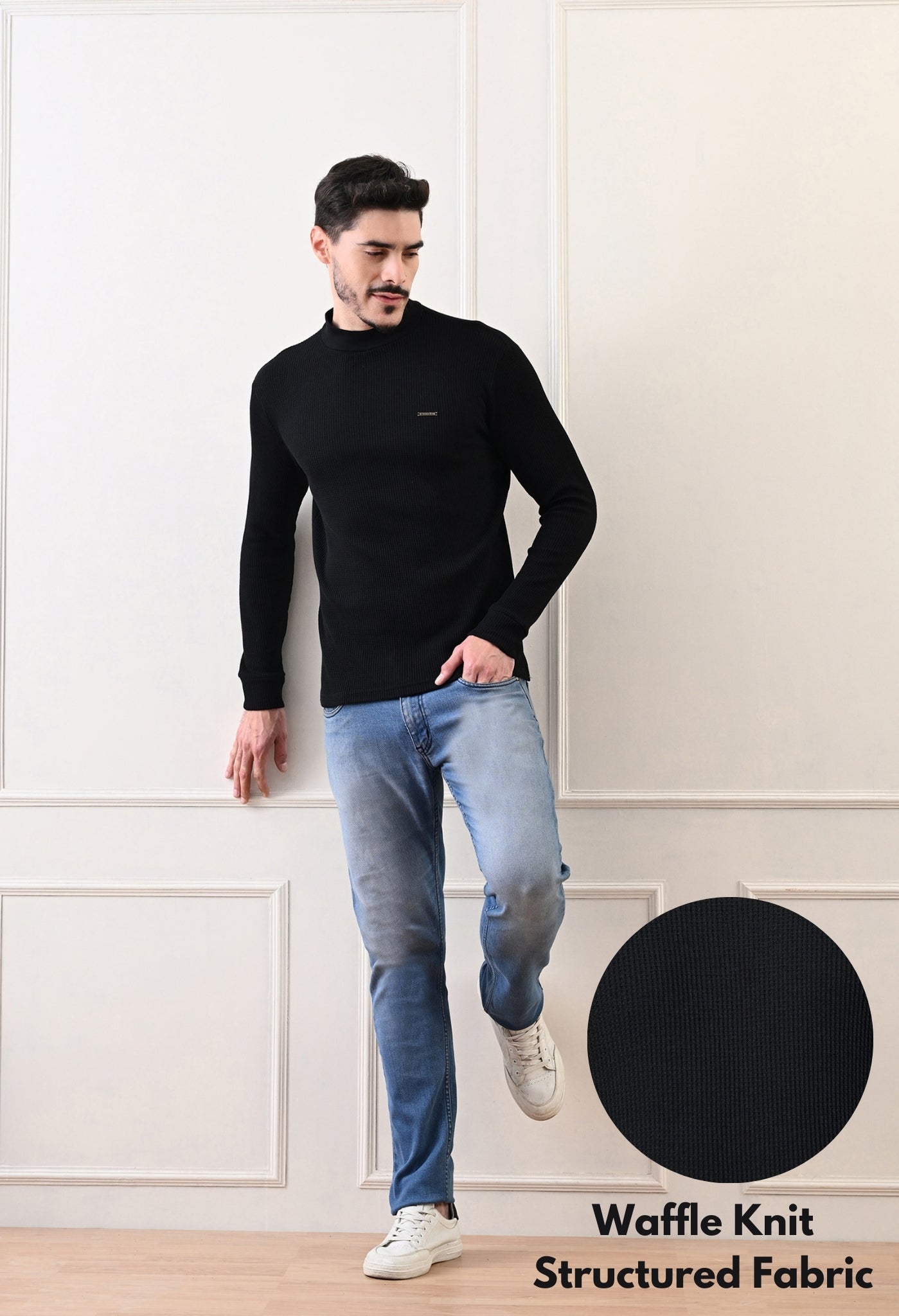 Men's Turtle Neck Textured Full Sleeve T-shirt