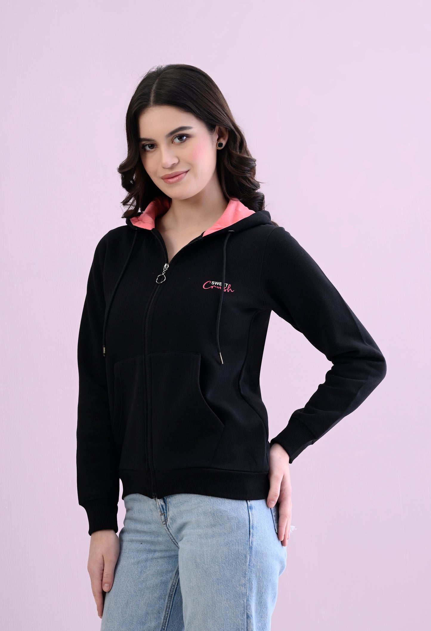 Midnight Black Hooded Sweatshirt with Zipper Closure