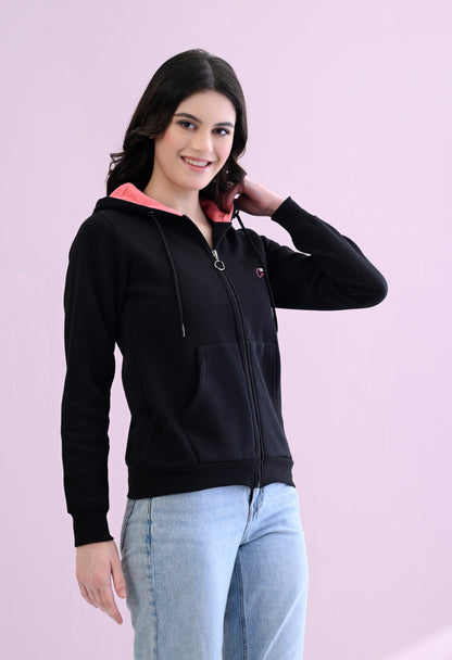 Midnight Black Hooded Sweatshirt with Zipper Closure