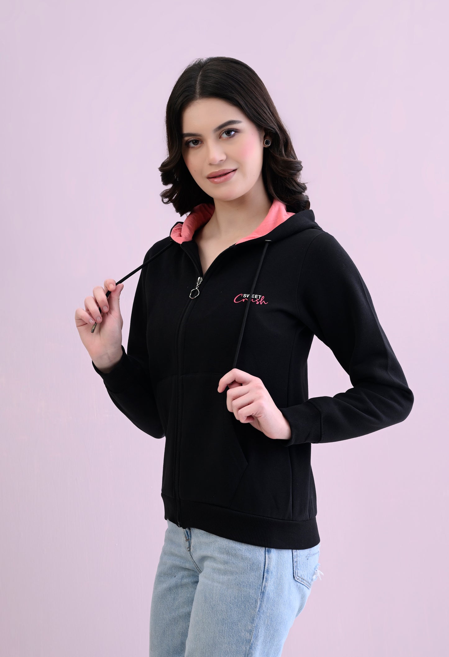 Midnight Black Hooded Sweatshirt with Zipper Closure