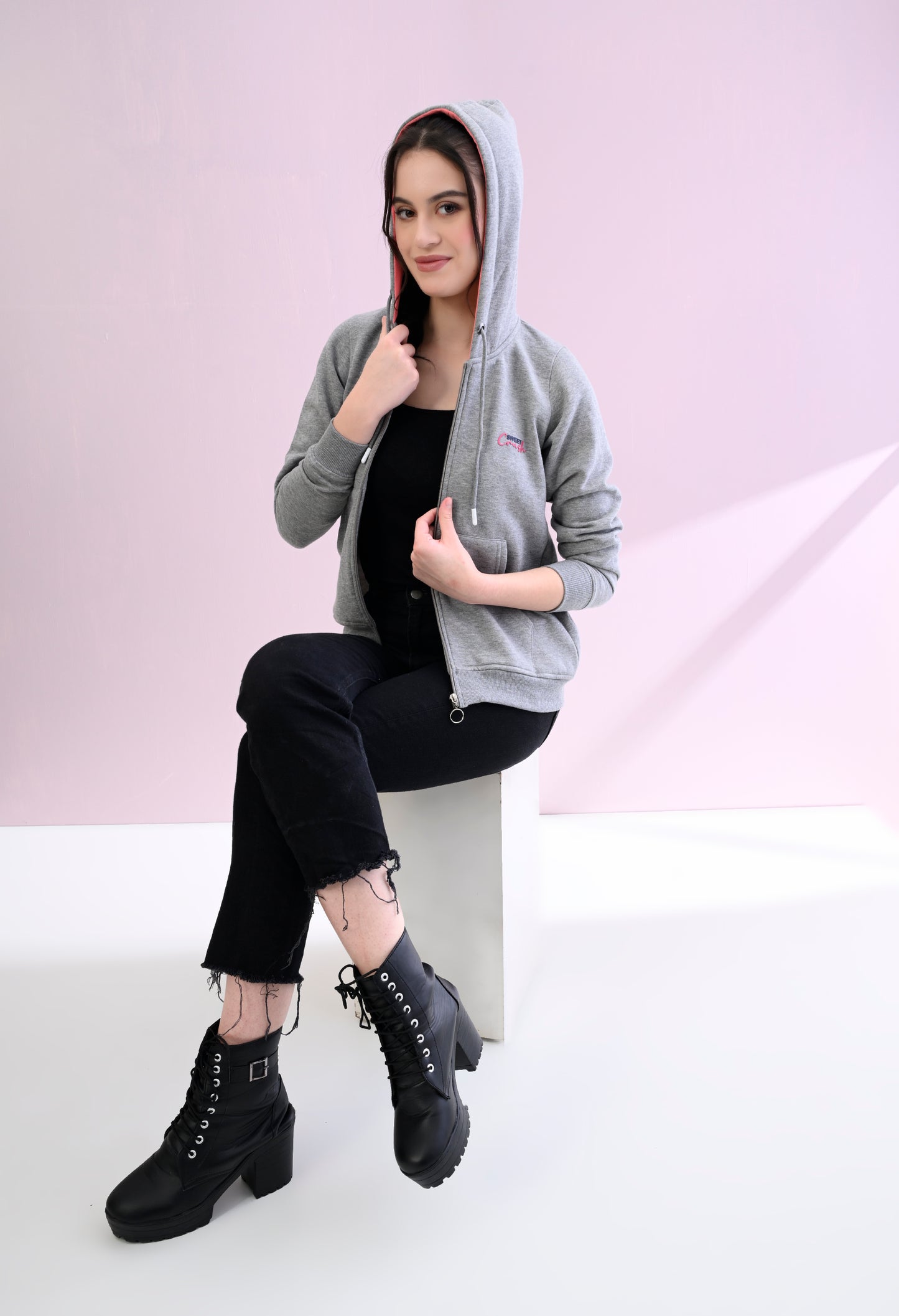 Heather Grey Hooded Sweatshirt with Zipper Closure