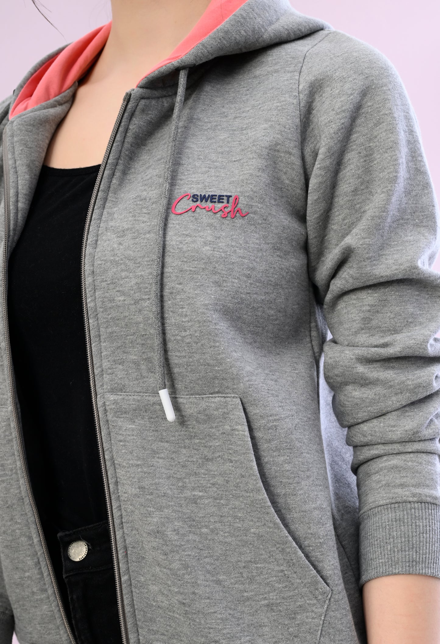 Heather Grey Hooded Sweatshirt with Zipper Closure