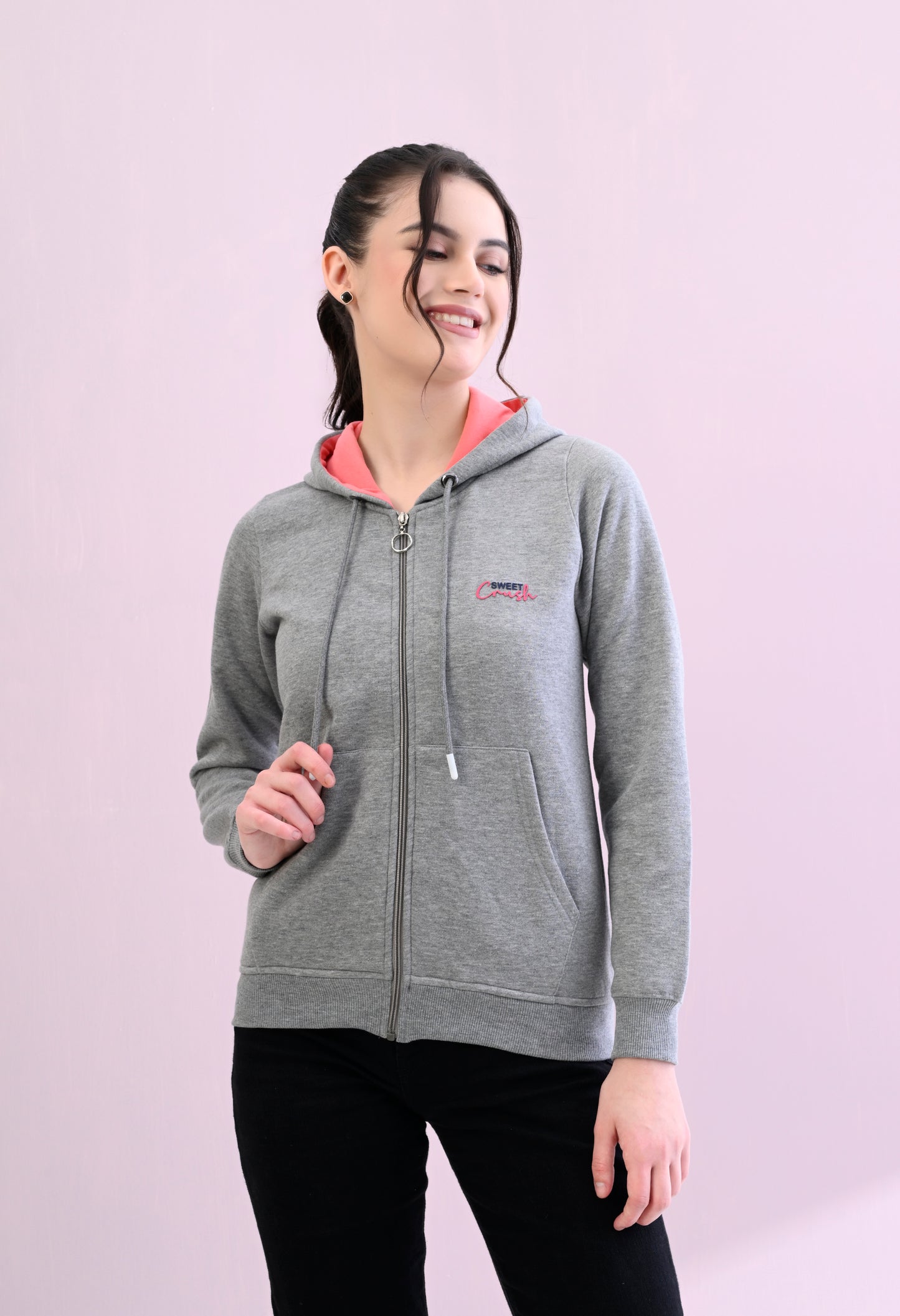 Heather Grey Hooded Sweatshirt with Zipper Closure