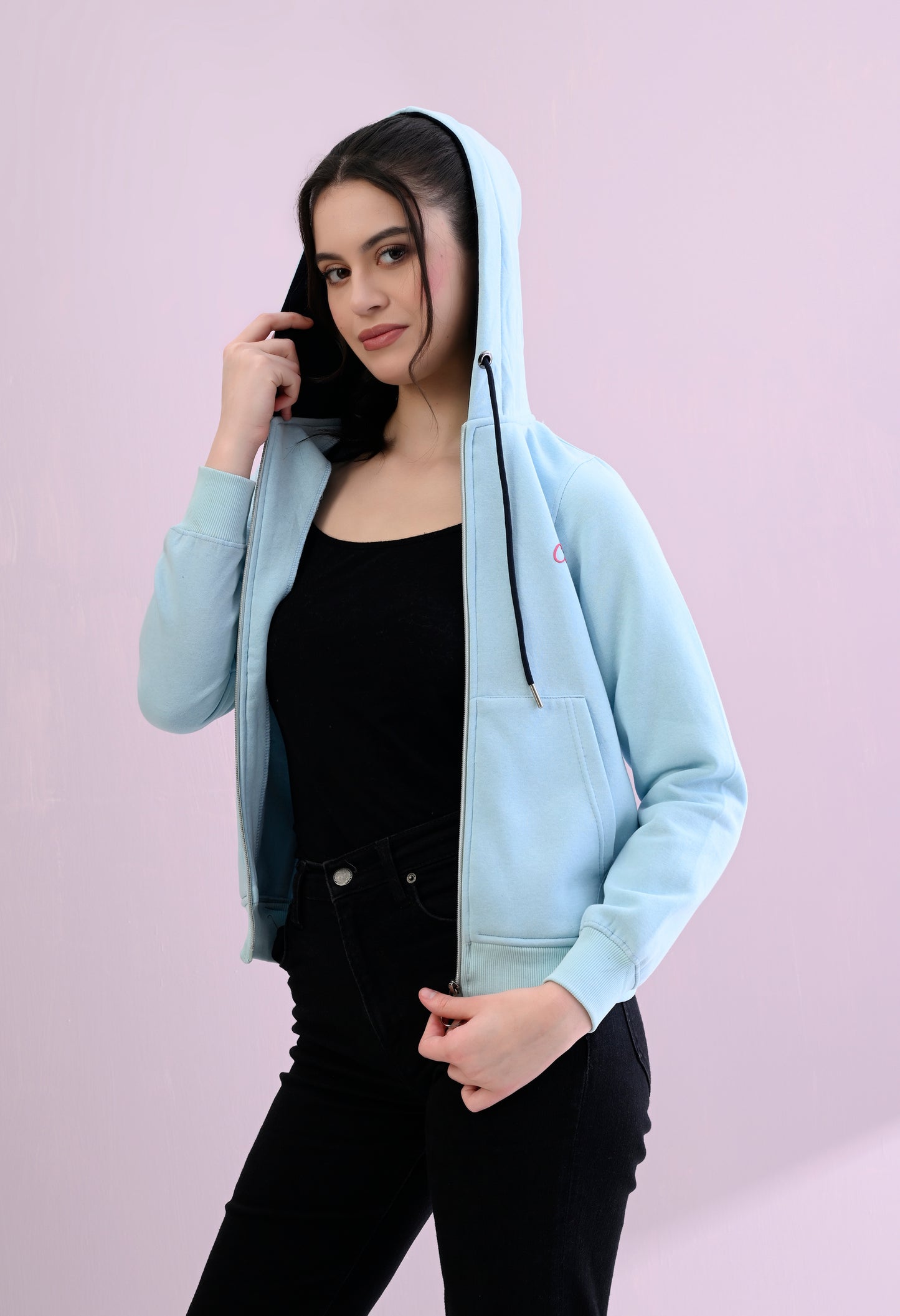 Aqua Blue Hooded Sweatshirt with Zipper Closure