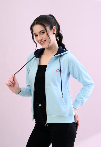 Aqua Blue Hooded Sweatshirt with Zipper Closure