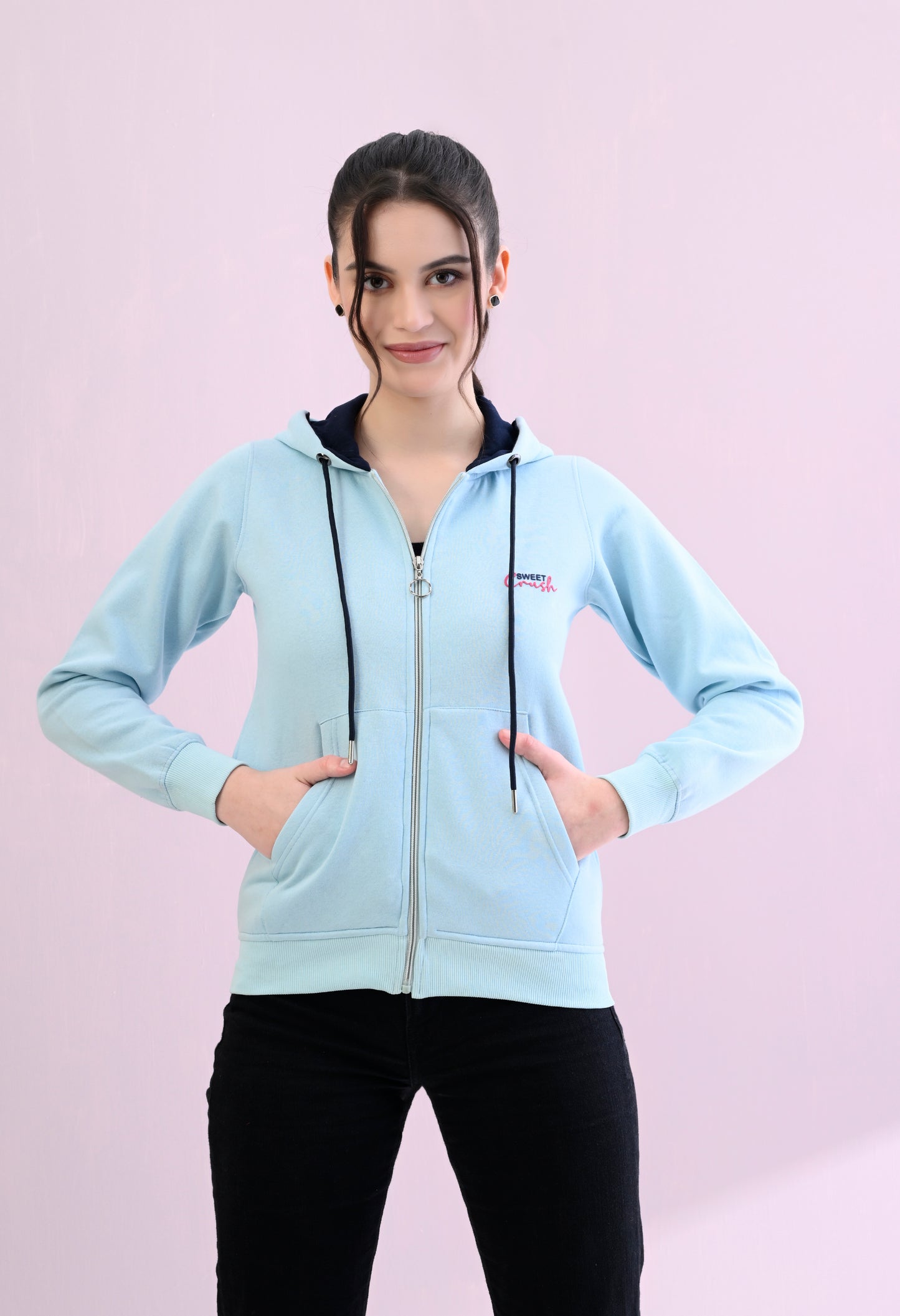 Aqua Blue Hooded Sweatshirt with Zipper Closure