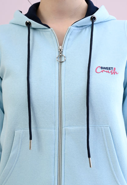 Aqua Blue Hooded Sweatshirt with Zipper Closure