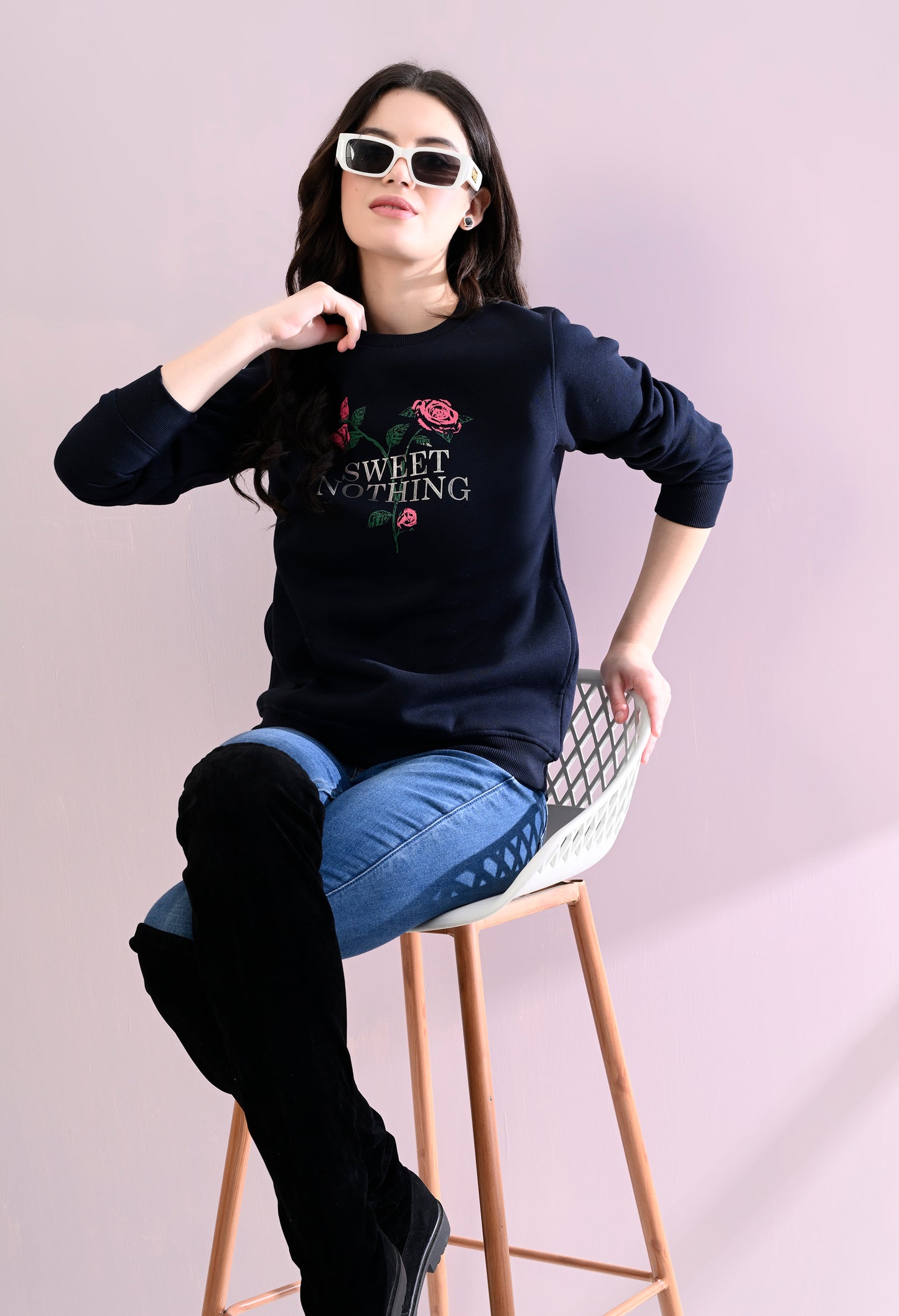 Navy Blue Printed Fleece Sweatshirt