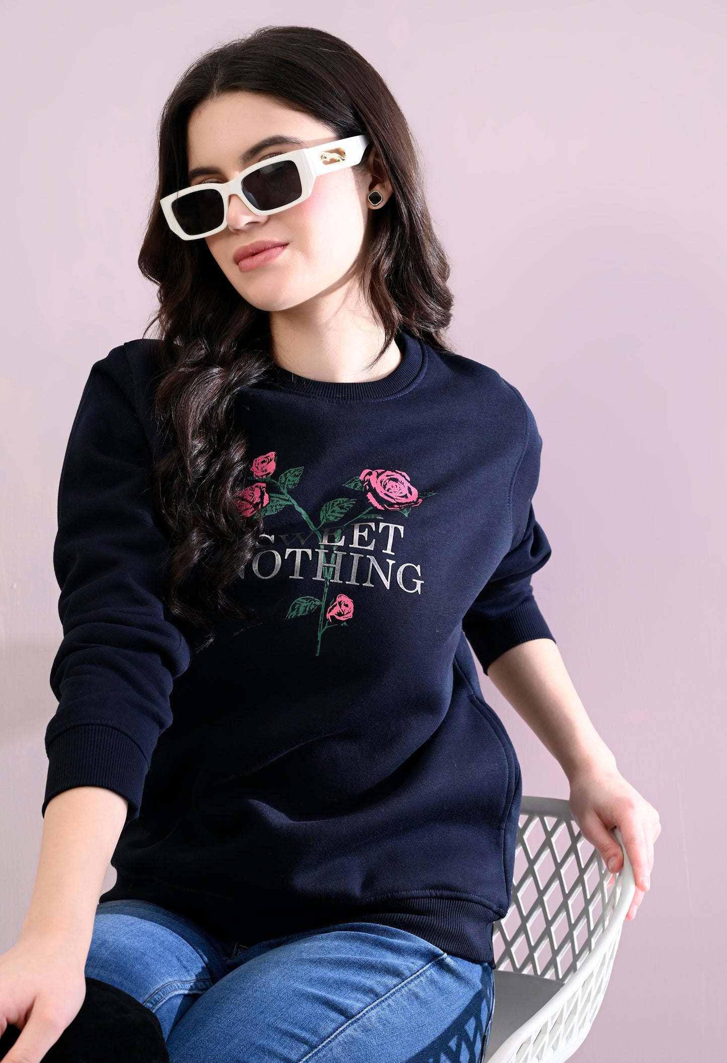 Navy Blue Printed Fleece Sweatshirt