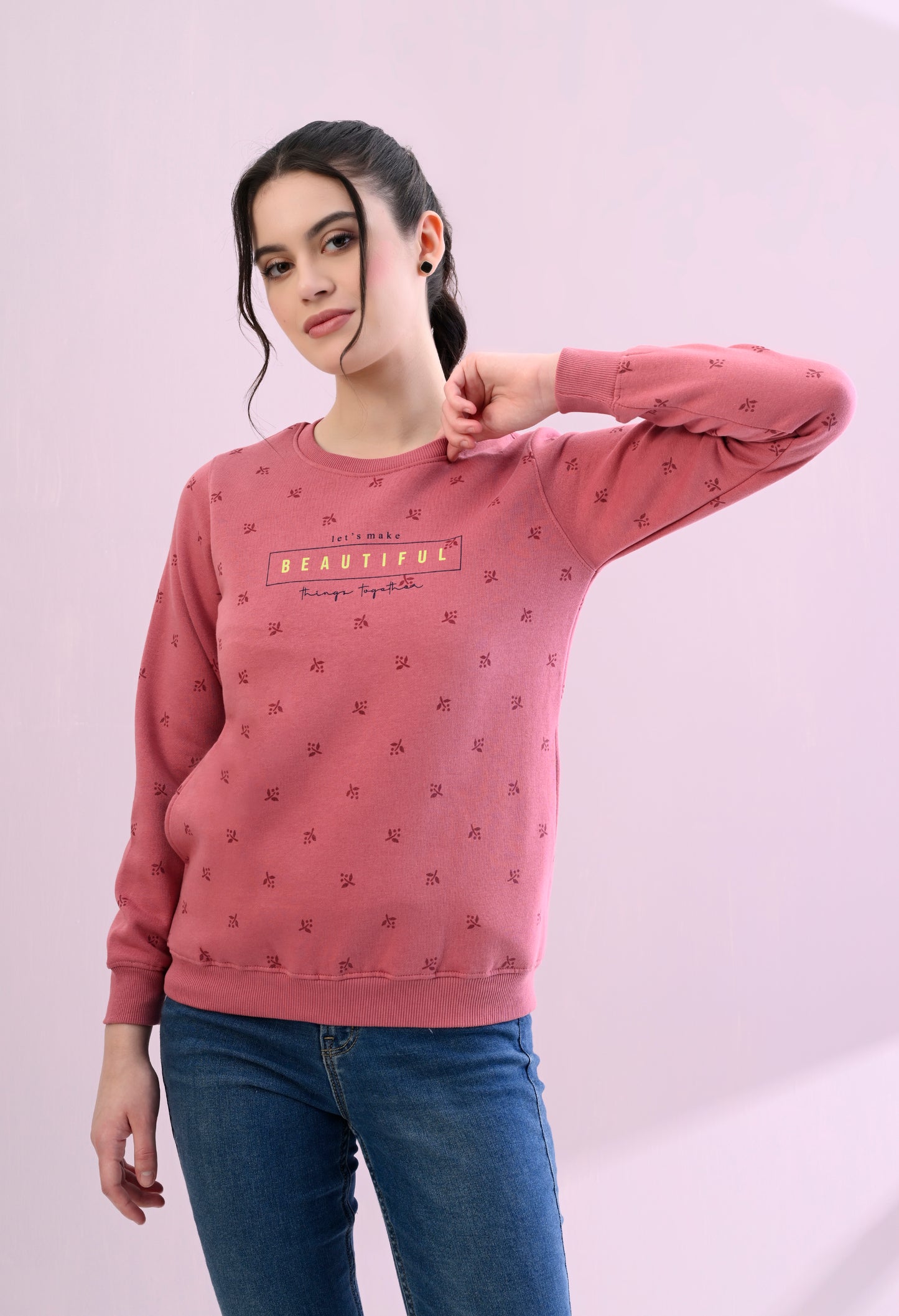 Flamingo Pink All Over Printed Fleece Sweatshirt