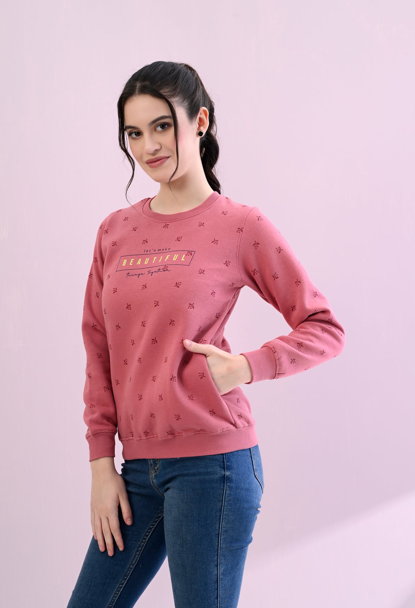 Flamingo Pink All Over Printed Fleece Sweatshirt