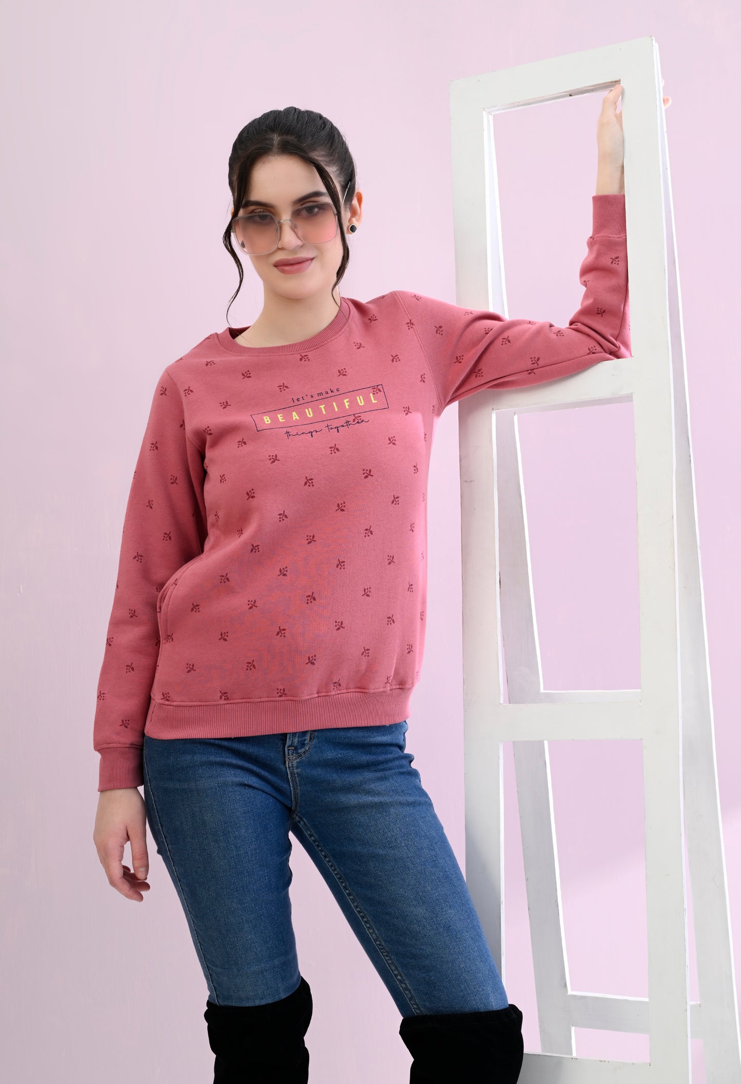 Flamingo Pink All Over Printed Fleece Sweatshirt