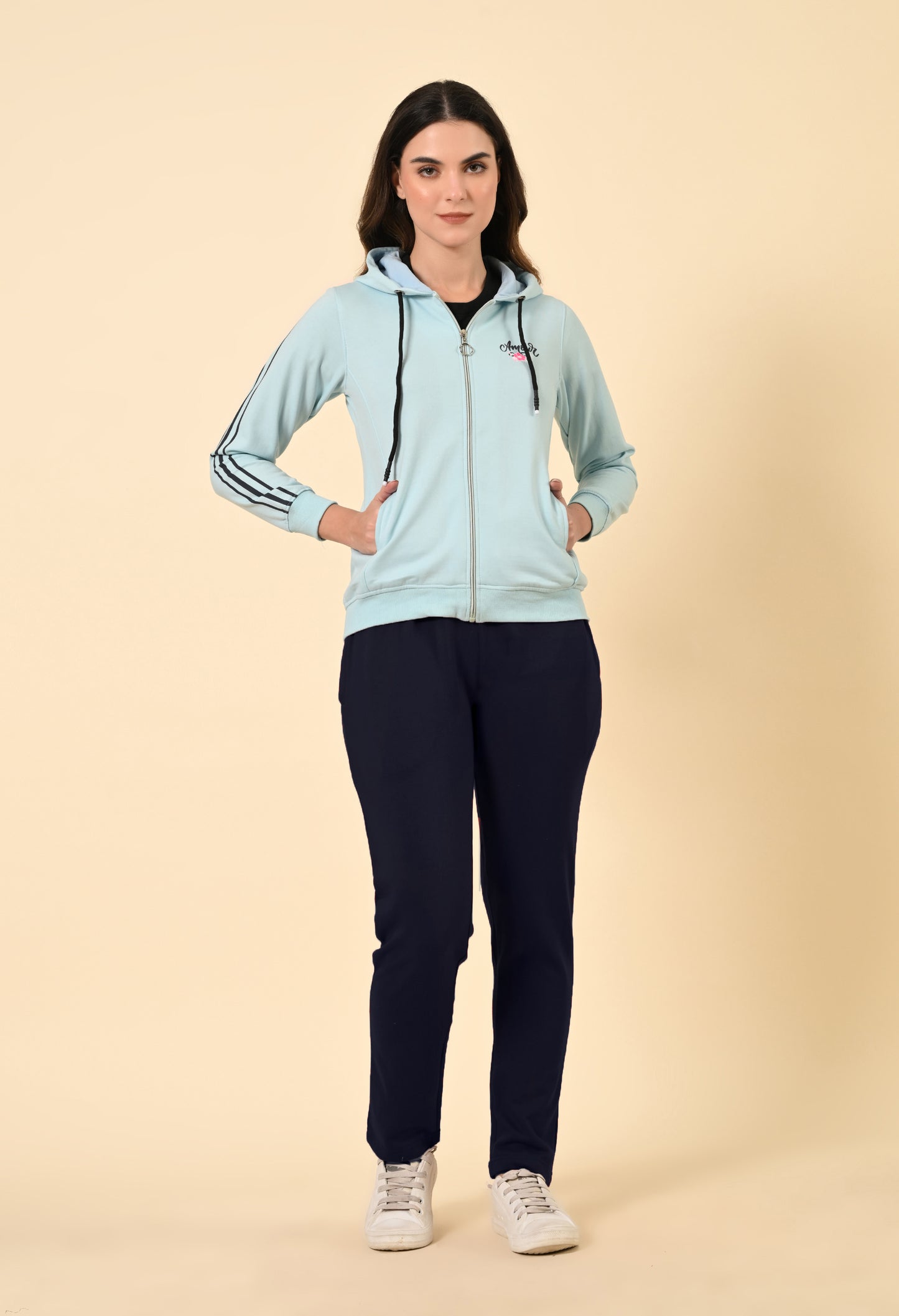 Women's Aqua Blue and Navy Zipper Fleece Co-ord Set