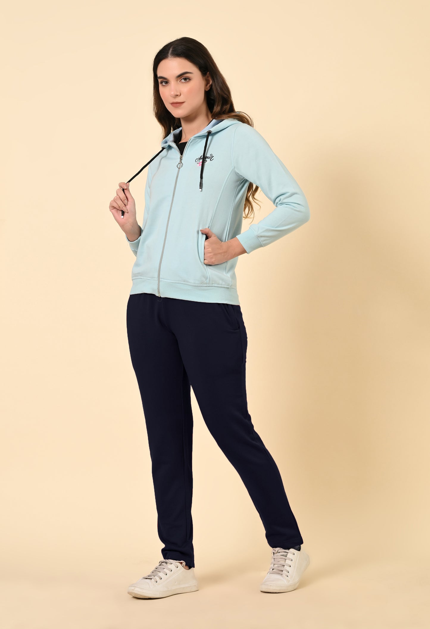 Women's Aqua Blue and Navy Zipper Fleece Co-ord Set