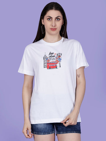 Women's Relaxed Fit 100% Cotton T-Shirt with  Print — White Print Series (Style SFWTS03) - Design H