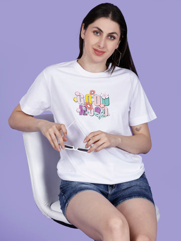 Women's Relaxed Fit 100% Cotton T-Shirt with  Print — White Print Series (Style SFWTS03) - Design I