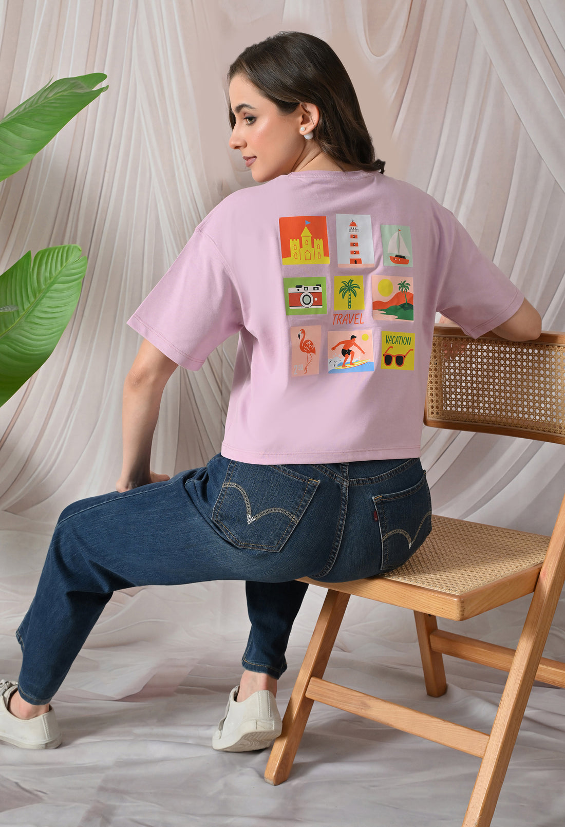 Women's Boxy Fit 100% Cotton T-Shirt with Front & Back Print - Lavender