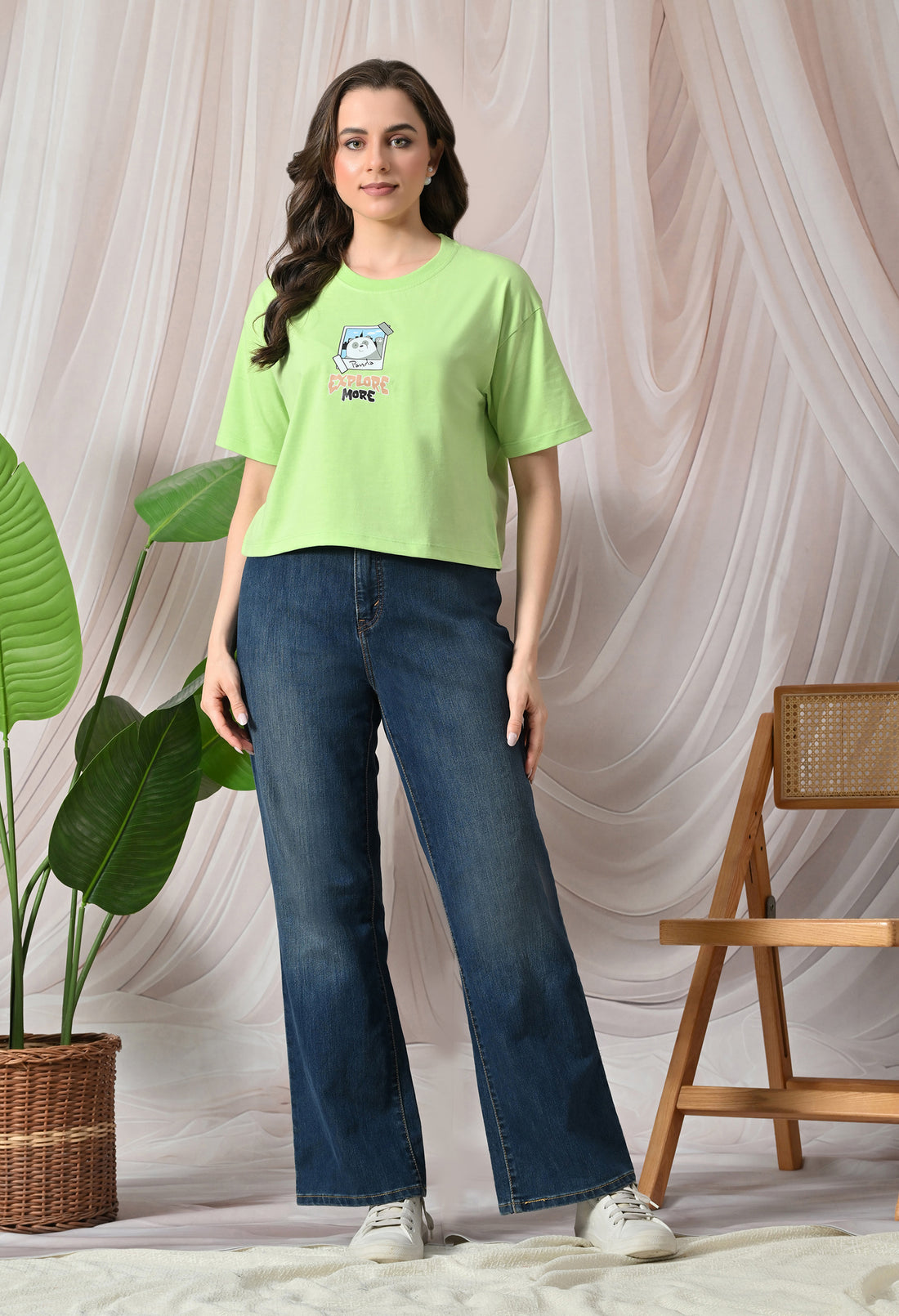 Women's Boxy Fit 100% Cotton T-Shirt with Front & Back Print - Green