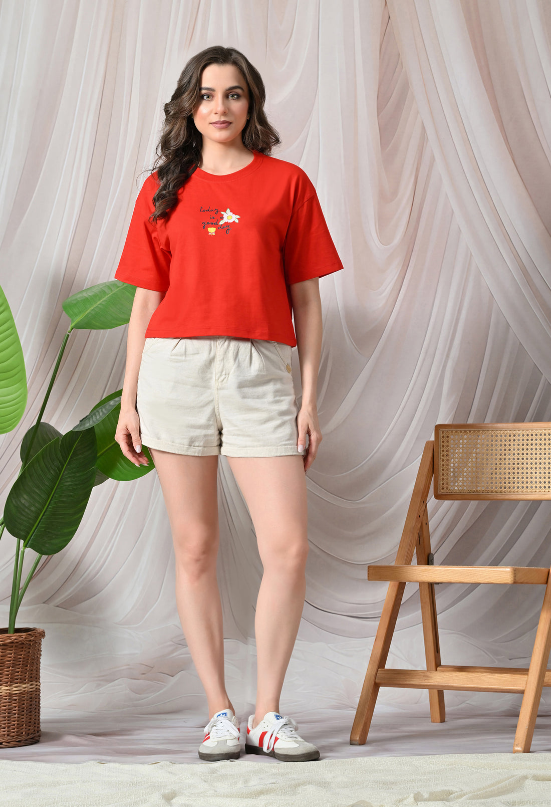 Women's Boxy Fit 100% Cotton T-Shirt with Front & Back Print - Red