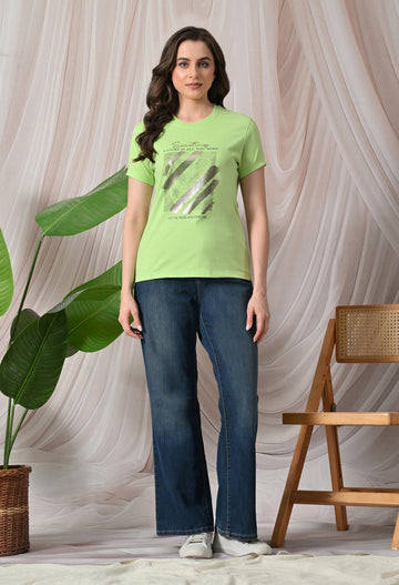 Women's Slim Fit 100% Cotton T-Shirt with  Print - Green