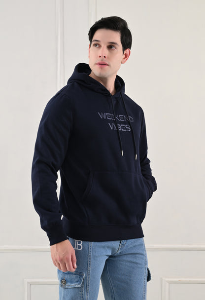 Navy Blue Printed Fleece Hoodie