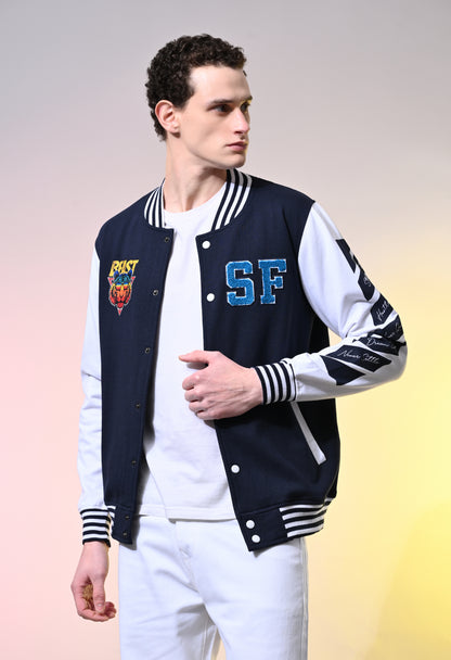 Navy Blue Printed Variety Jacket With Plutch Embroidery