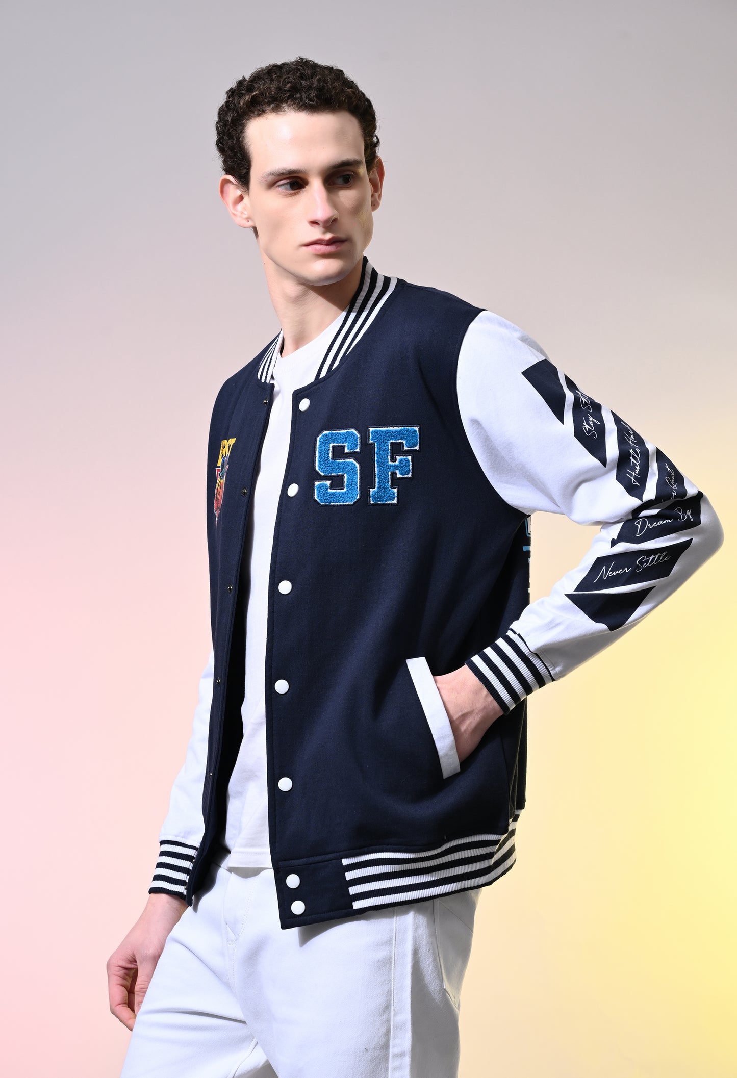 Navy Blue Printed Variety Jacket With Plutch Embroidery