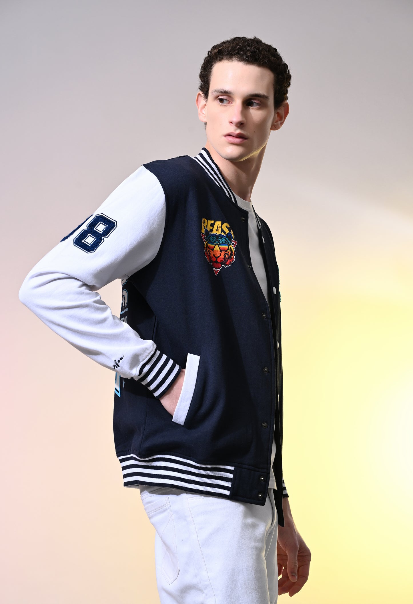 Navy Blue Printed Variety Jacket With Plutch Embroidery