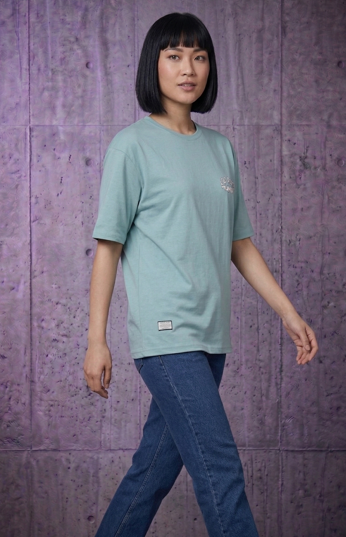Women's Printed Oversized Drop Shoulder 100% Cotton T-Shirt with Puff Print - SageGreen