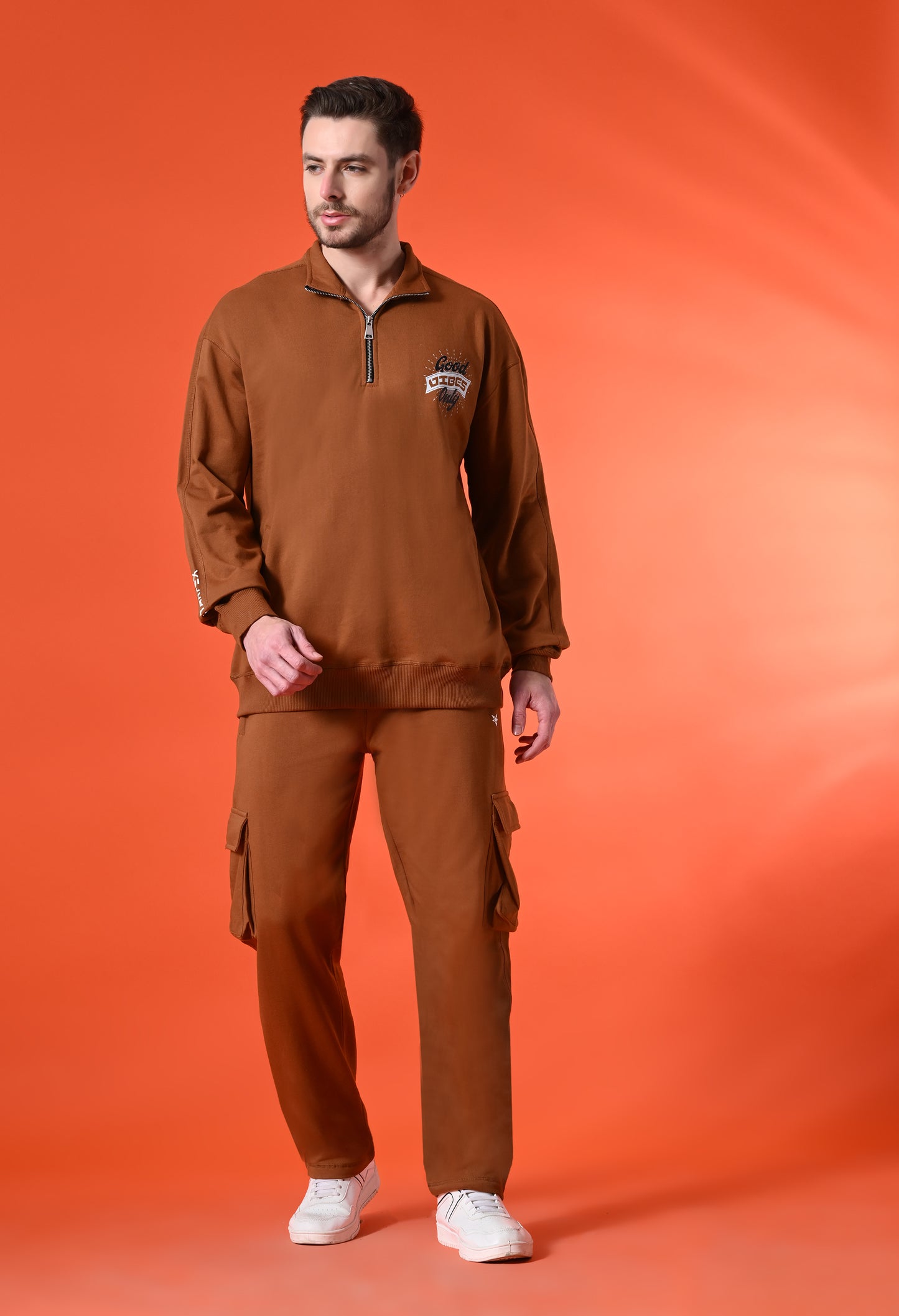 Sienna Brown Oversized Fleece Half Zipper Co-ord Set with Cargo Pant