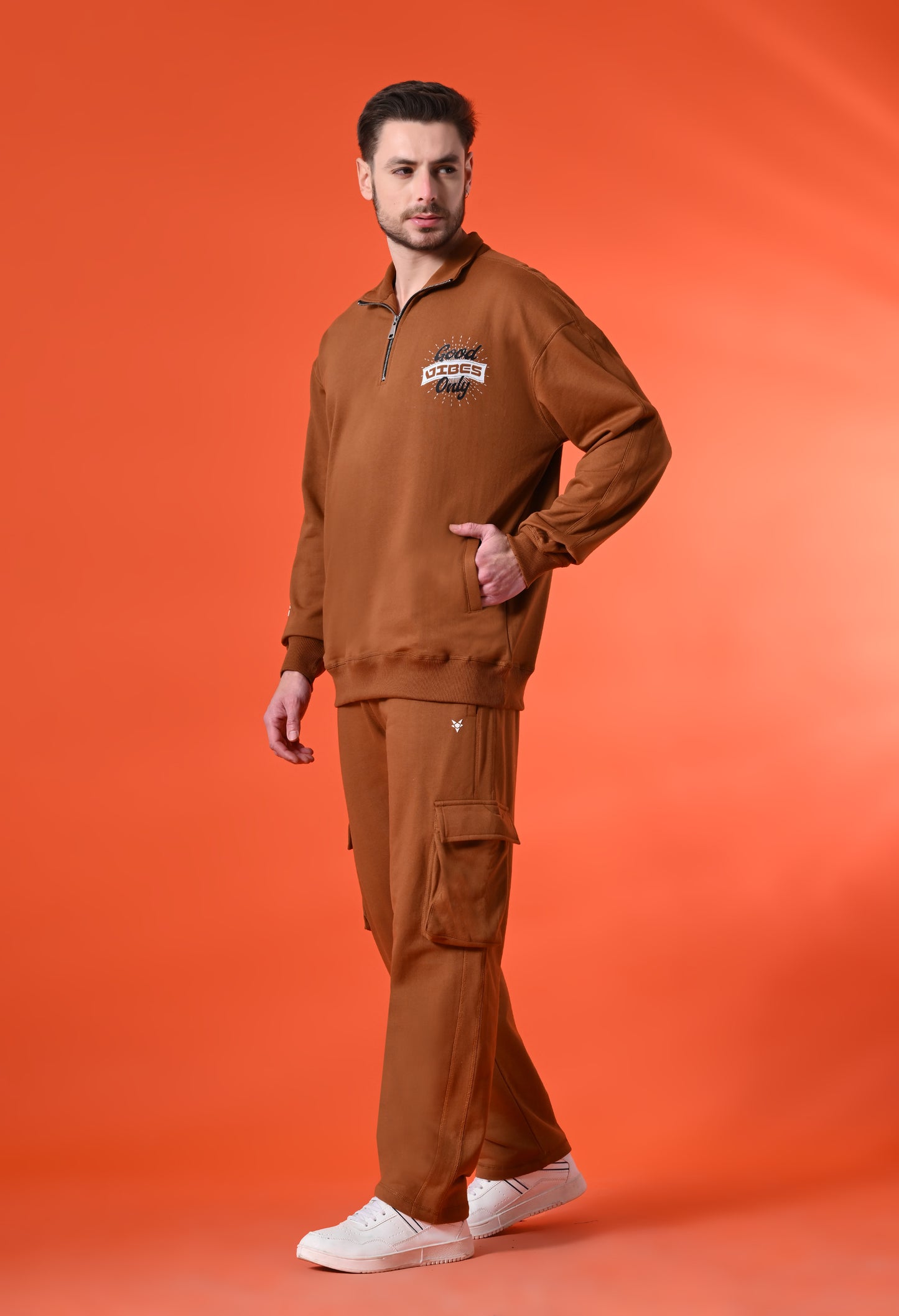 Sienna Brown Oversized Fleece Half Zipper Co-ord Set with Cargo Pant